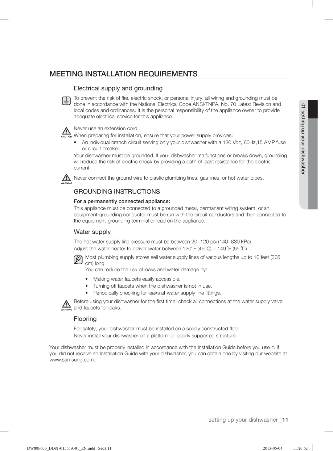 Samsung DW80F600UTS, DW80F600UTB, DW80F600UTW user manual Meeting Installation Requirements, Electrical supply and grounding 