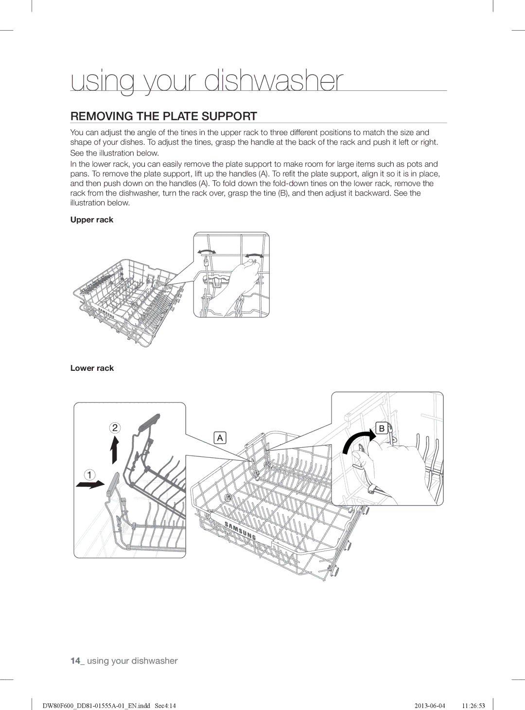 Samsung DW80F600UTS, DW80F600UTB, DW80F600UTW user manual Removing the Plate Support, Upper rack Lower rack 