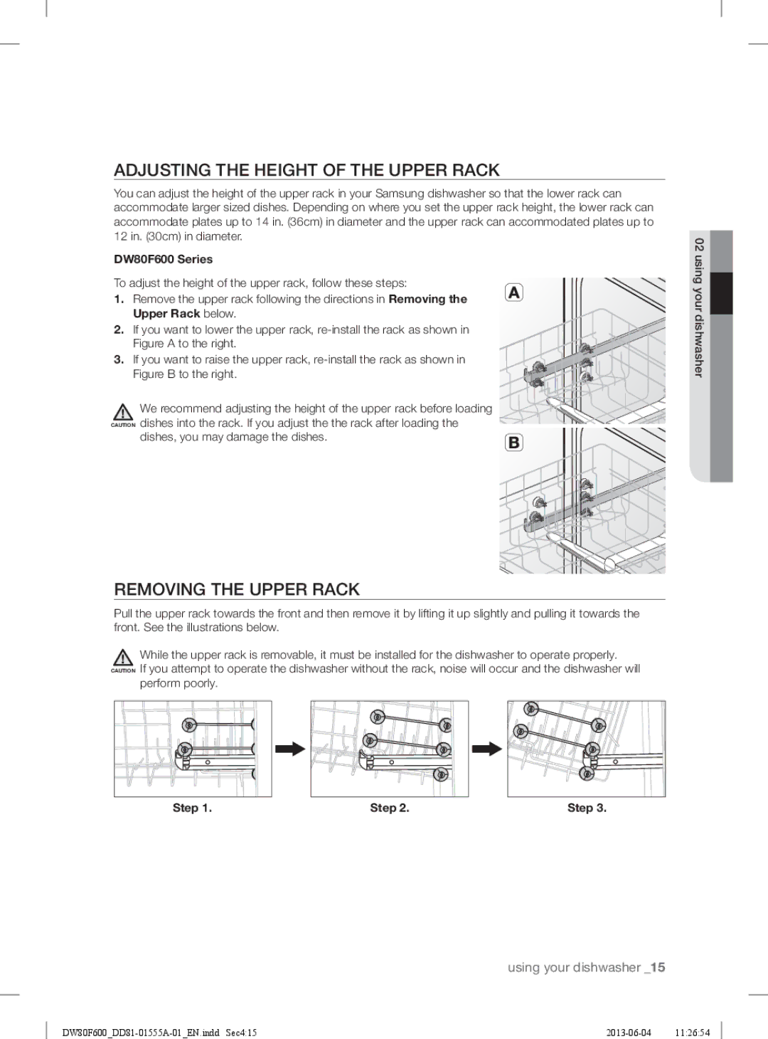 Samsung DW80F600UTB, DW80F600UTW, DW80F600UTS Adjusting the Height of the Upper Rack, Removing the Upper Rack, Step 