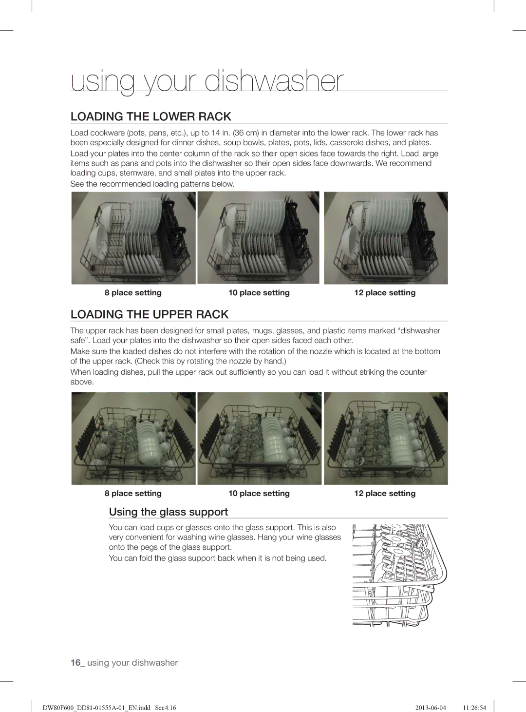 Samsung DW80F600UTW, DW80F600UTB Loading the Lower Rack, Loading the Upper Rack, Using the glass support, Place setting 