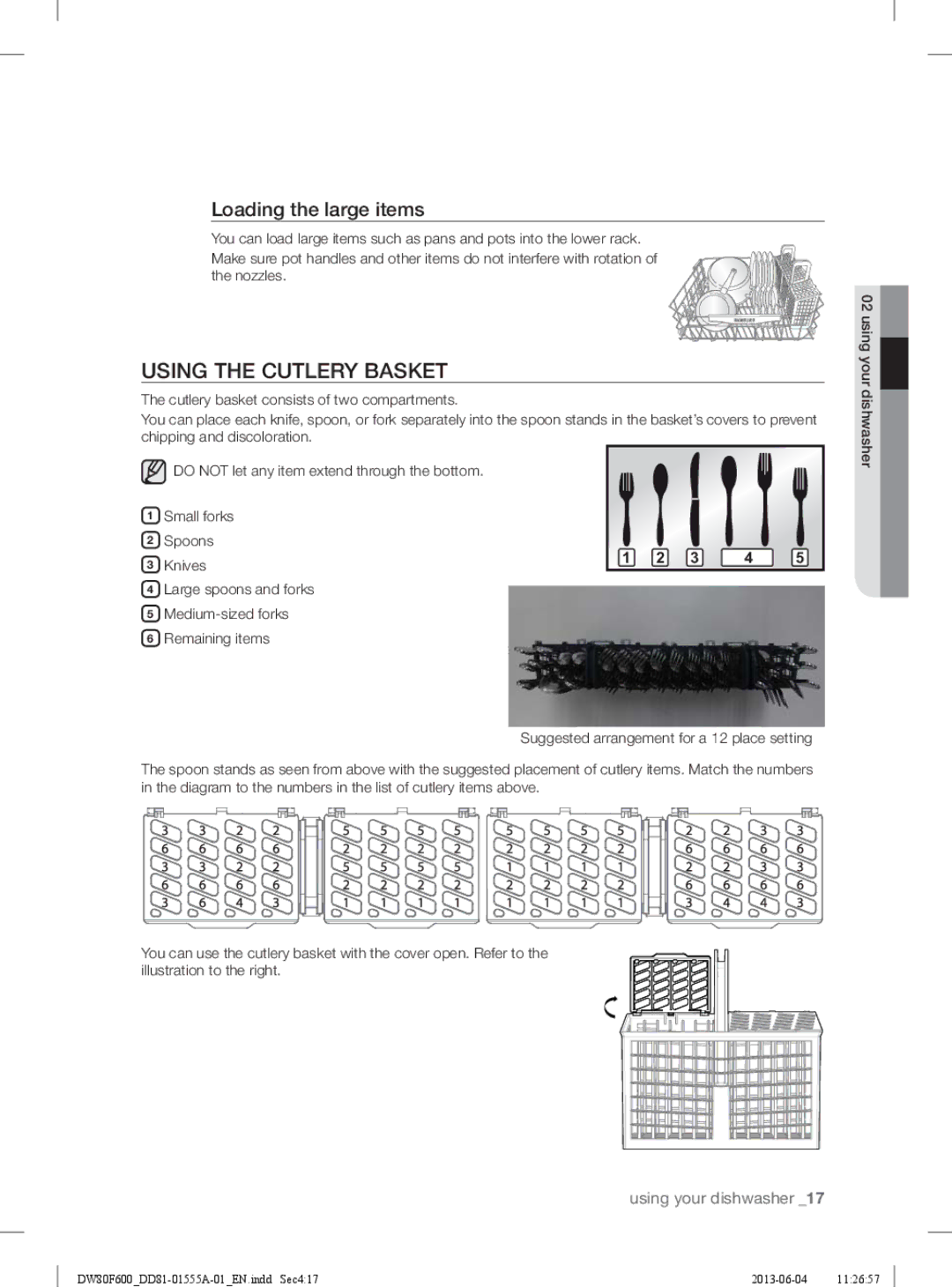 Samsung DW80F600UTS, DW80F600UTB, DW80F600UTW user manual Using the Cutlery Basket, Loading the large items, 3 4 