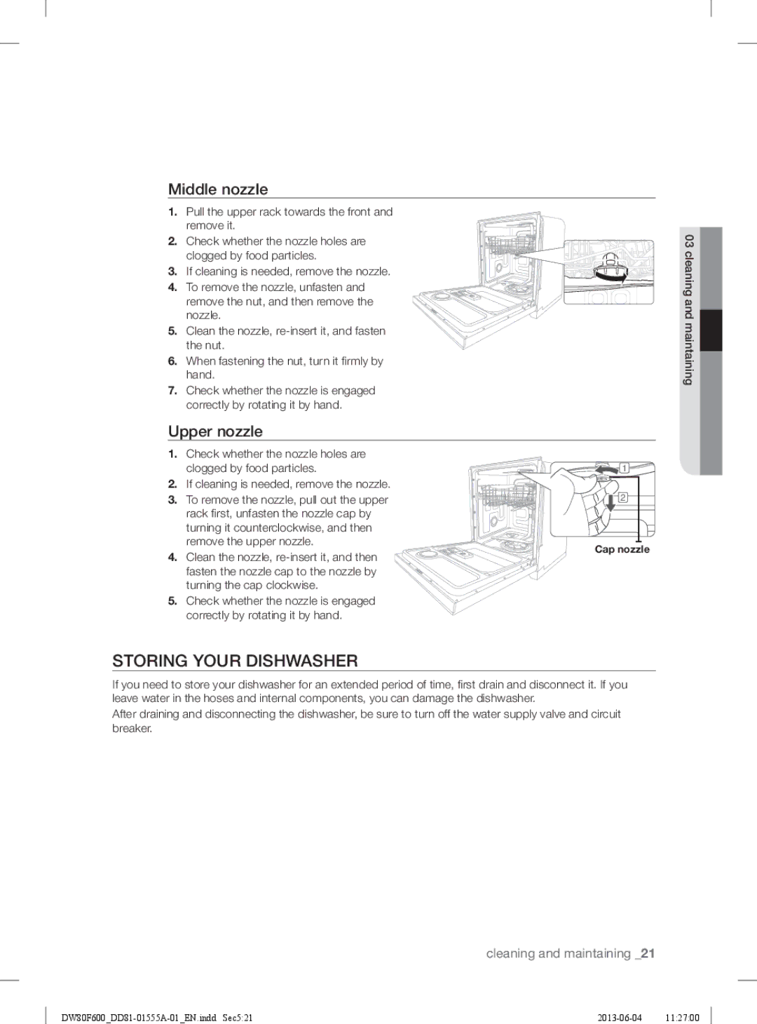 Samsung DW80F600UTB, DW80F600UTW Storing Your Dishwasher, Middle nozzle, Upper nozzle, Check whether the nozzle holes are 