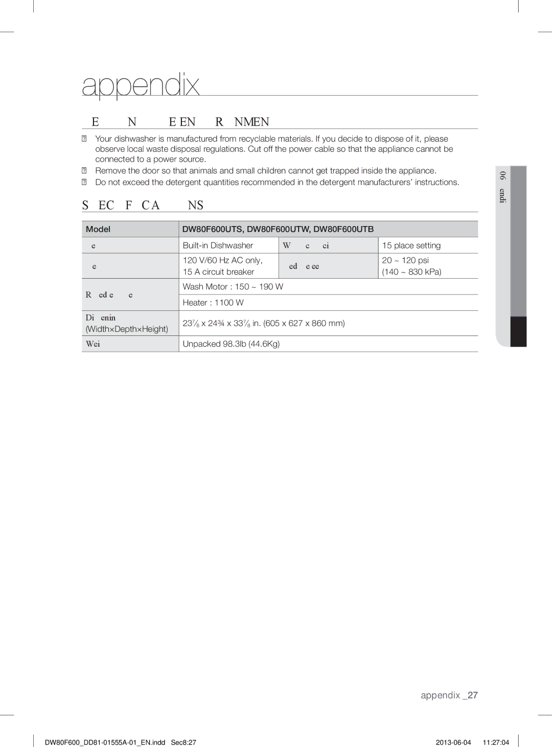 Samsung user manual Appendix, Helping the Environment, Specifications, Model DW80F600UTS, DW80F600UTW, DW80F600UTB 