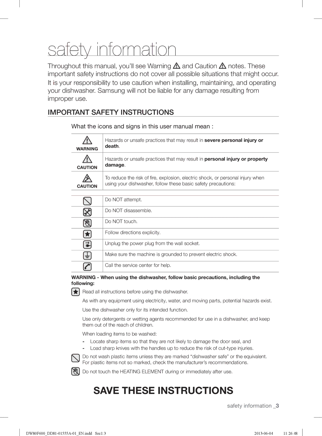 Samsung DW80F600UTB, DW80F600UTW, DW80F600UTS user manual Safety information, Important Safety Instructions, Death, Damage 