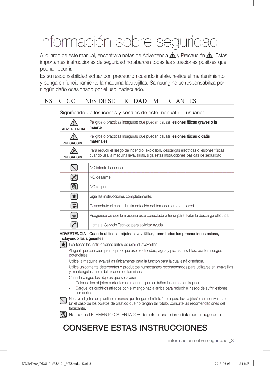 Samsung DW80F600UTS, DW80F600UTB Información sobre seguridad, Instrucciones DE Seguridad Importantes, Muerte, Materiales 