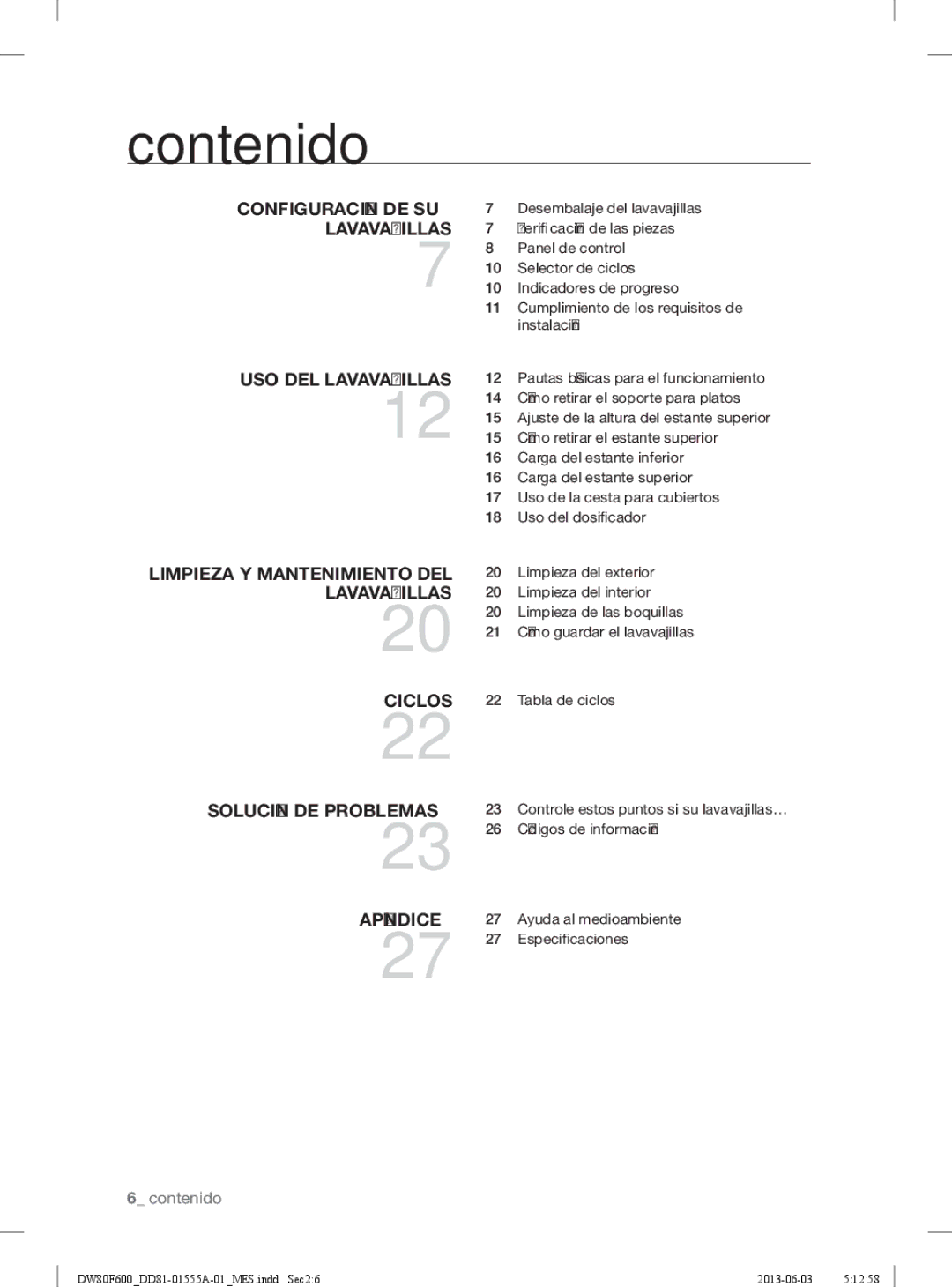 Samsung DW80F600UTS, DW80F600UTB, DW80F600UTW user manual Contenido 