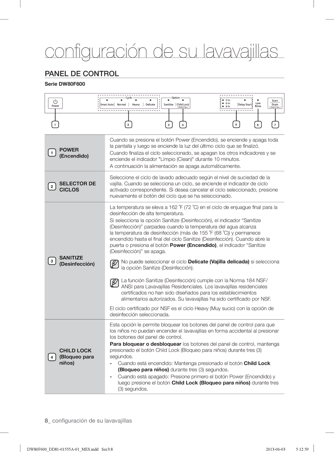 Samsung DW80F600UTW, DW80F600UTB Conﬁ guración de su lavavajillas, Panel DE Control, Selector DE, Ciclos, Child Lock 