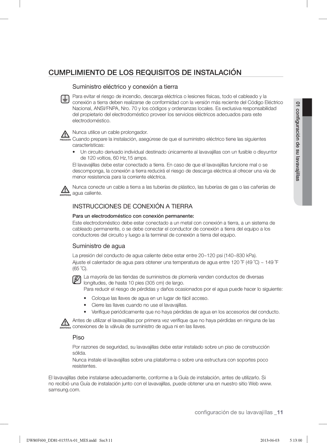 Samsung DW80F600UTW Cumplimiento DE LOS Requisitos DE Instalación, Para un electrodoméstico con conexión permanente 