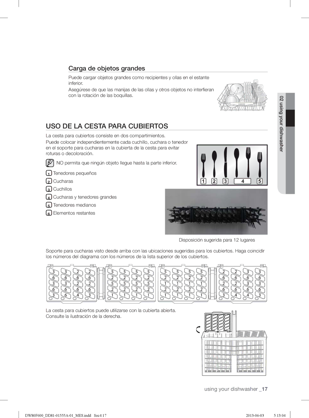 Samsung DW80F600UTW, DW80F600UTB, DW80F600UTS user manual USO DE LA Cesta Para Cubiertos, Carga de objetos grandes 