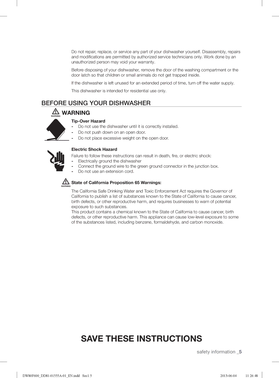 Samsung DW80F600UTS, DW80F600UTB, DW80F600UTW Before Using Your Dishwasher, Tip-Over Hazard, Electric Shock Hazard 