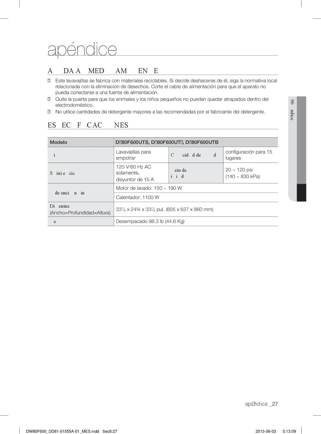 Samsung user manual Apéndice, Ayuda AL Medioambiente, Especificaciones, Modelo DW80F600UTS, DW80F600UTW, DW80F600UTB 