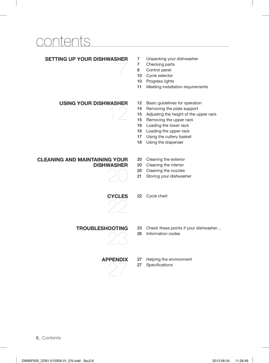 Samsung DW80F600UTB, DW80F600UTW, DW80F600UTS user manual Contents 