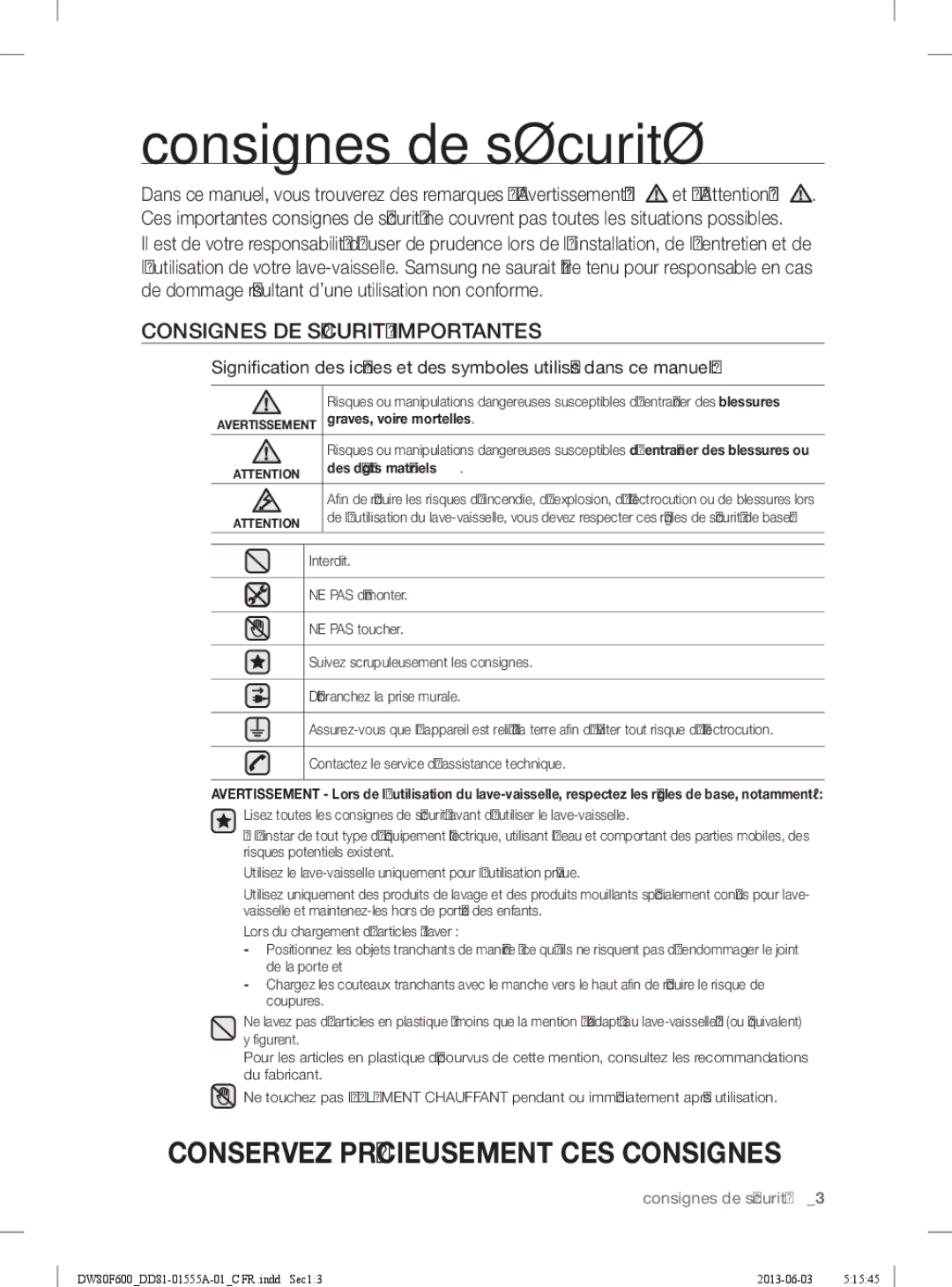 Samsung DW80F600UTW, DW80F600UTB Consignes de sécurité, Consignes DE Sécurité Importantes, Graves, voire mortelles 