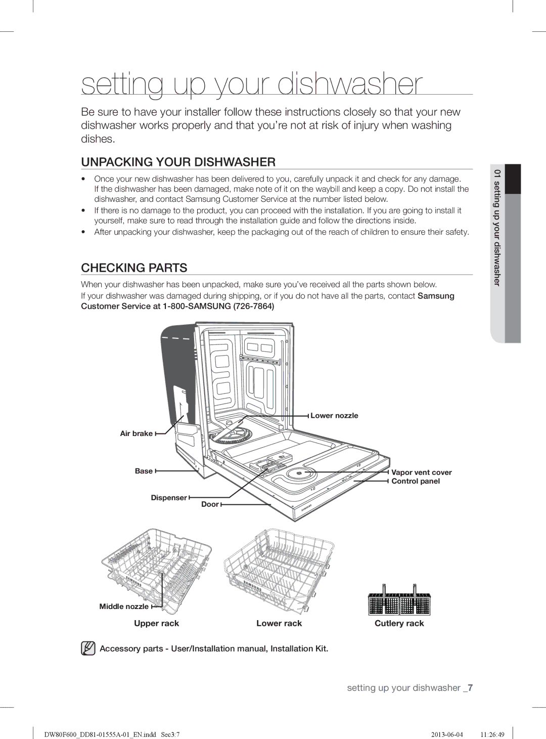 Samsung DW80F600UTW Setting up your dishwasher, Unpacking Your Dishwasher, Checking Parts, Upper rack Lower rack 