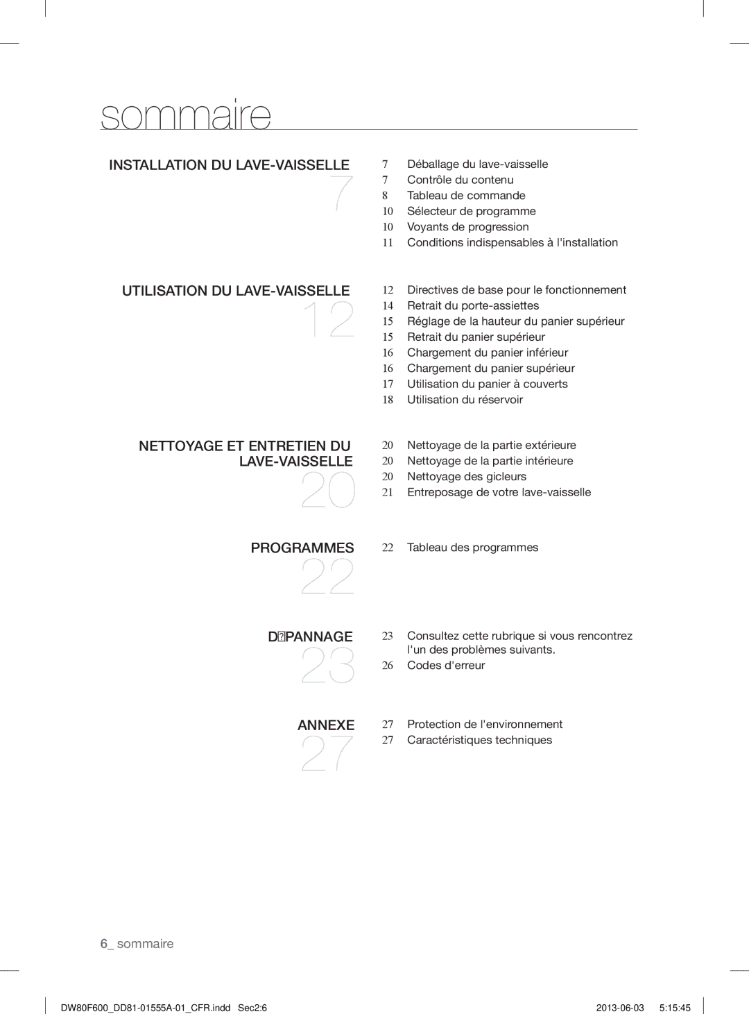 Samsung DW80F600UTW, DW80F600UTB, DW80F600UTS user manual Sommaire 