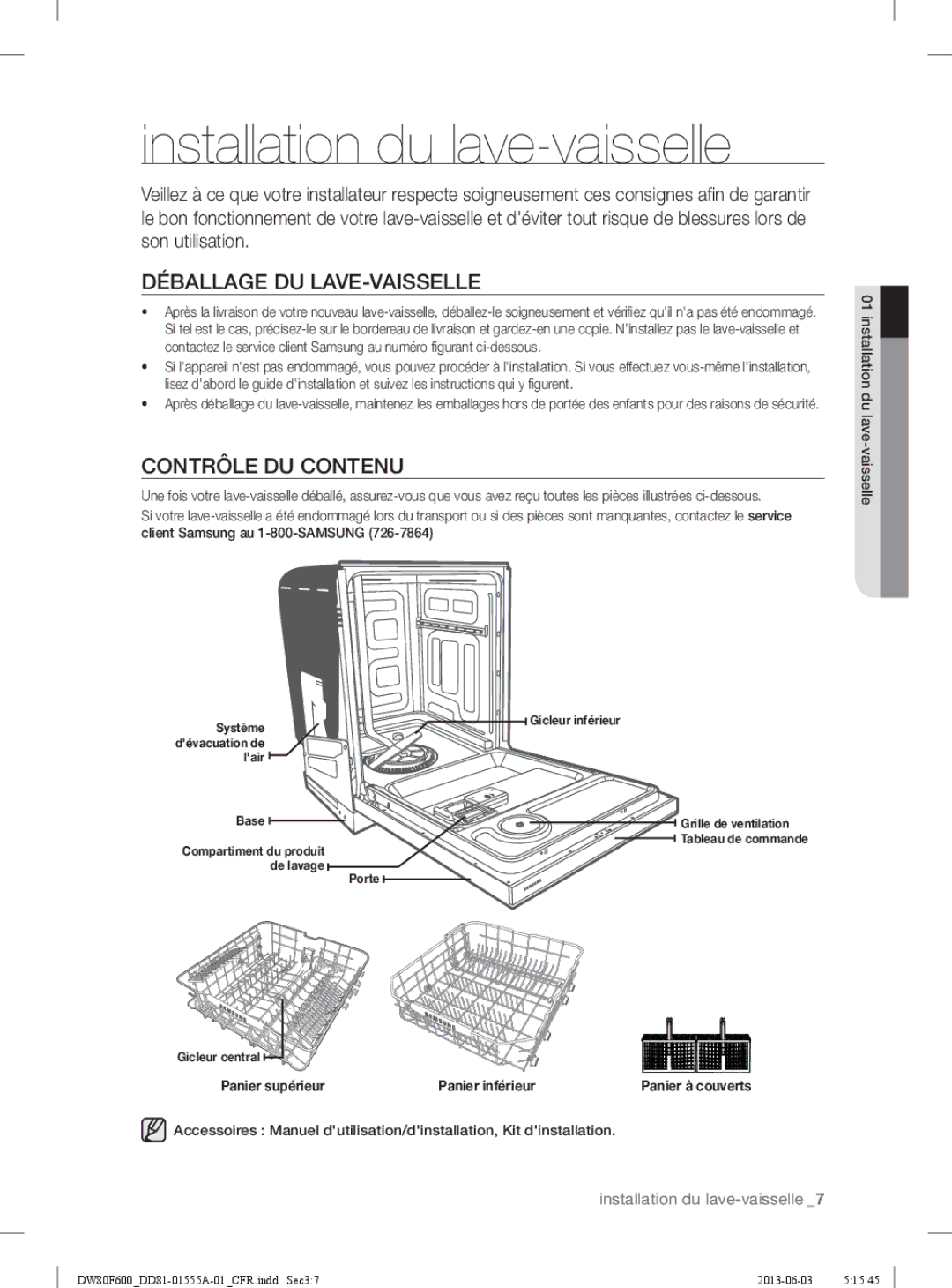 Samsung DW80F600UTS, DW80F600UTB Installation du lave-vaisselle, Déballage DU LAVE-VAISSELLE, Contrôle DU Contenu 