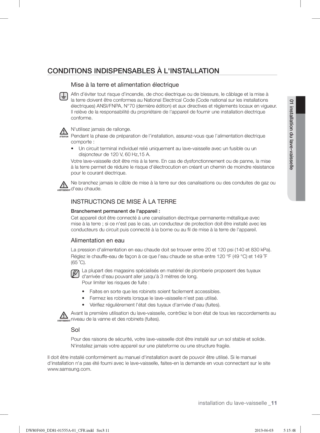 Samsung DW80F600UTB, DW80F600UTW, DW80F600UTS Conditions Indispensables À Linstallation, Branchement permanent de lappareil 