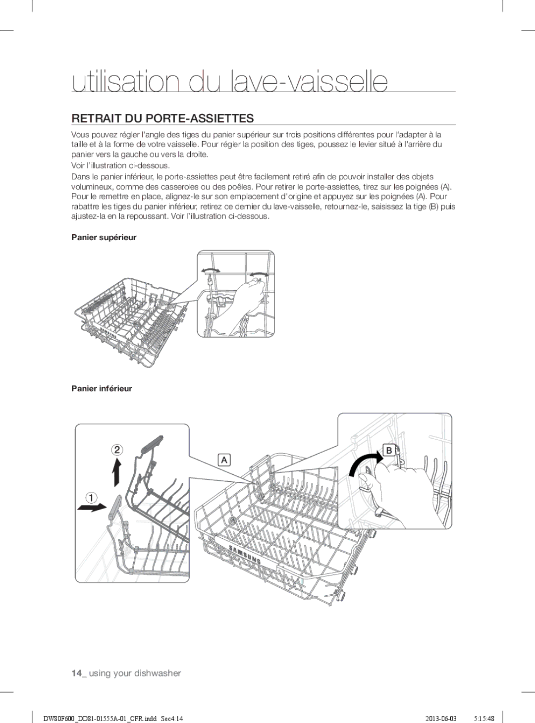 Samsung DW80F600UTB, DW80F600UTW, DW80F600UTS user manual Retrait DU PORTE-ASSIETTES, Panier supérieur Panier inférieur 