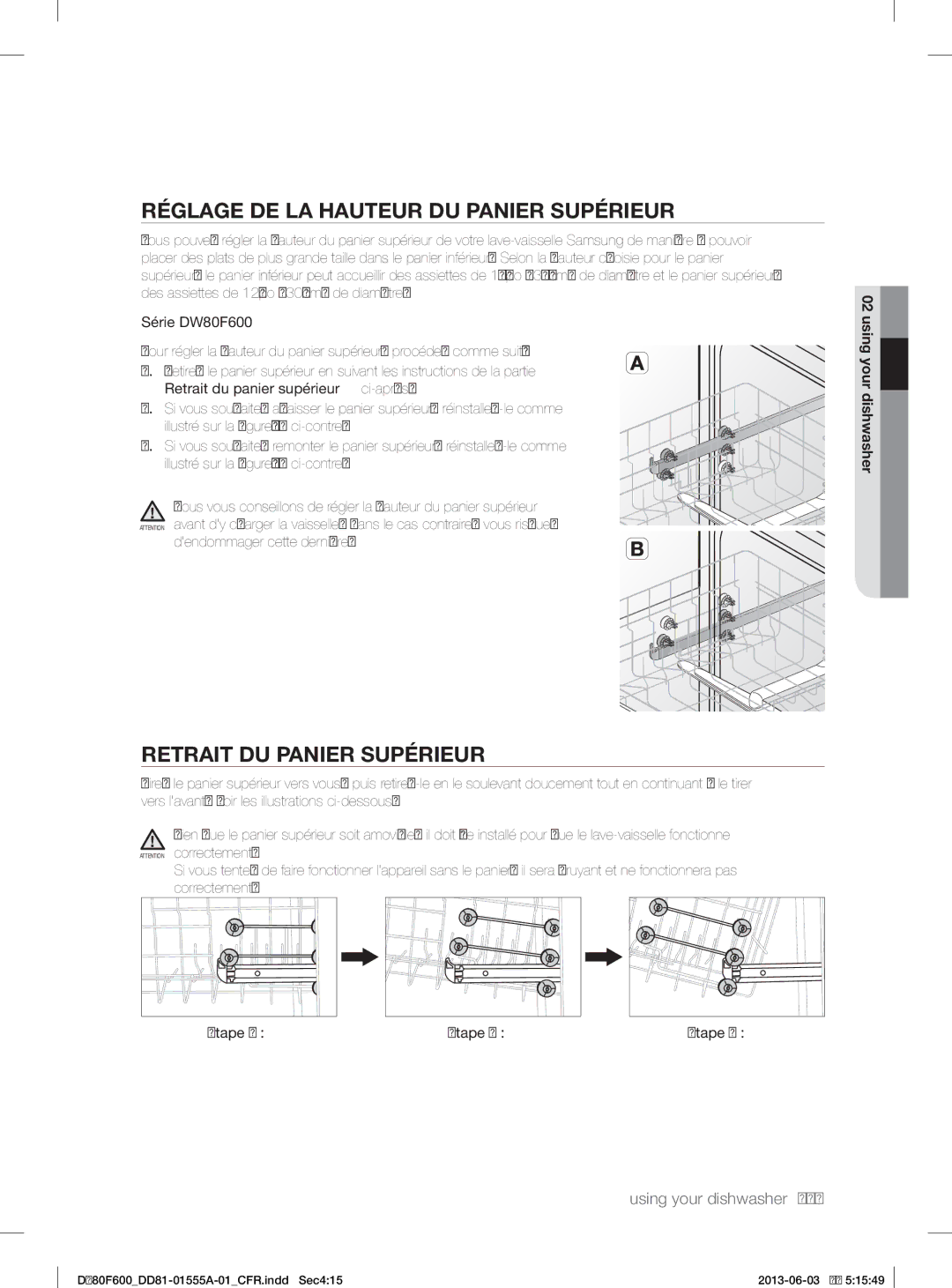 Samsung DW80F600UTW Réglage DE LA Hauteur DU Panier Supérieur, Retrait DU Panier Supérieur, Dendommager cette dernière 