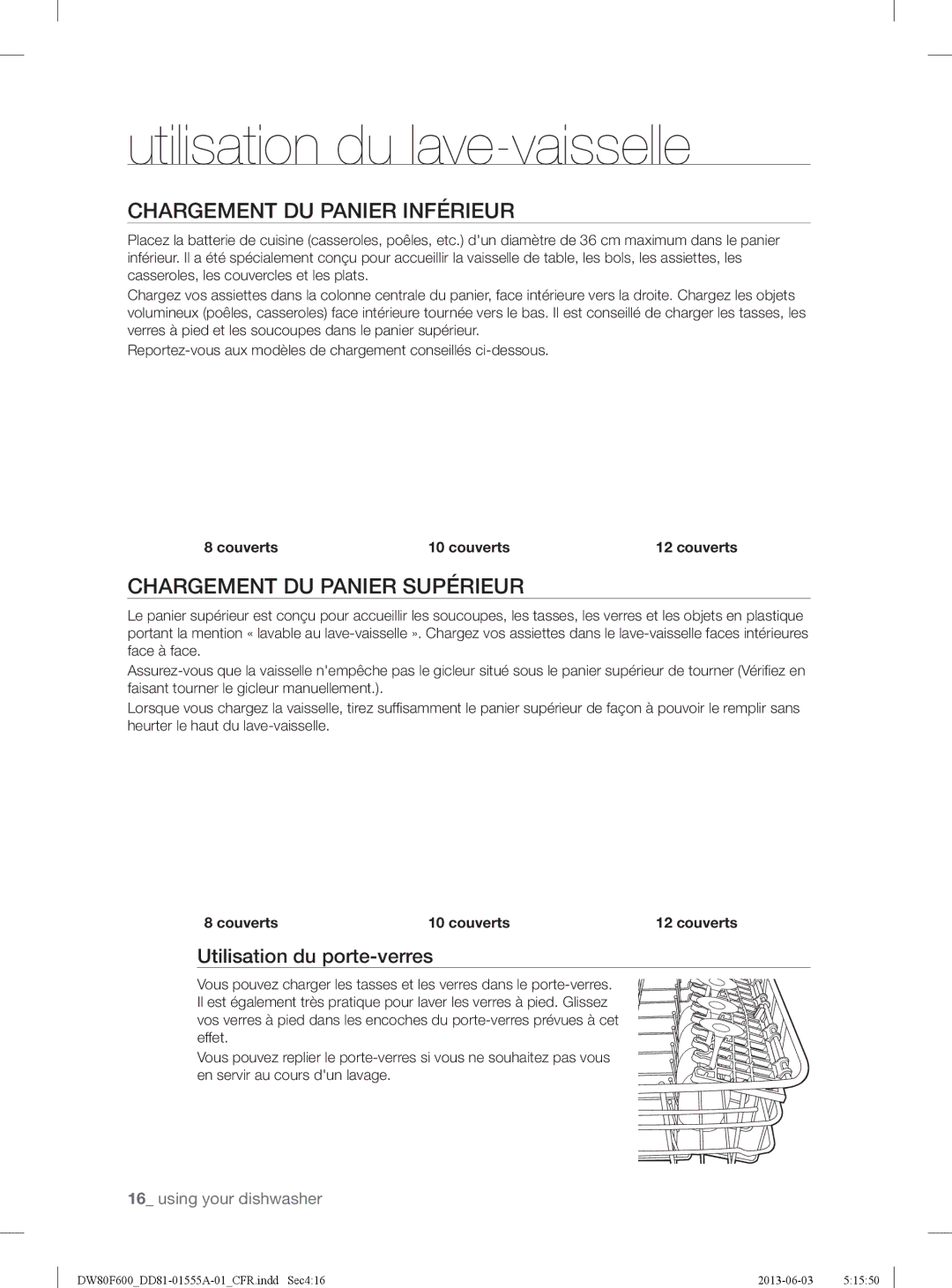 Samsung DW80F600UTS Chargement DU Panier Inférieur, Chargement DU Panier Supérieur, Utilisation du porte-verres, Couverts 