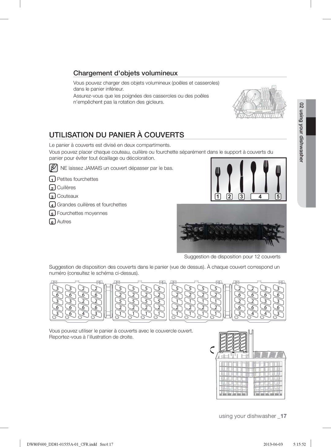 Samsung DW80F600UTB, DW80F600UTW, DW80F600UTS Utilisation DU Panier À Couverts, Chargement dobjets volumineux, Couteaux 