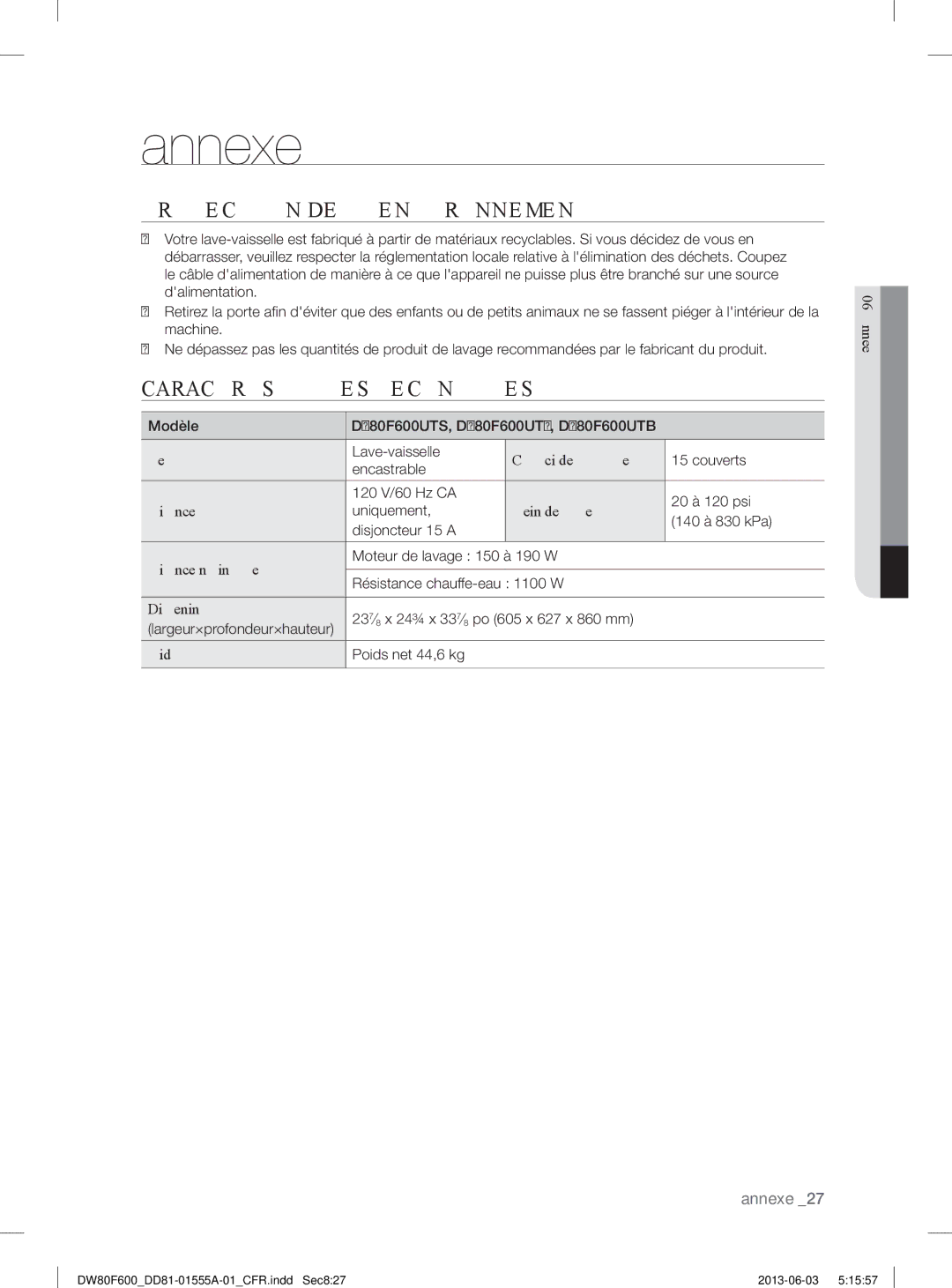 Samsung DW80F600UTW, DW80F600UTB, DW80F600UTS user manual Annexe, Protection DE Lenvironnement, Caractéristiques Techniques 