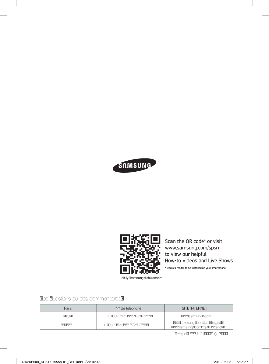 Samsung DW80F600UTB, DW80F600UTW, DW80F600UTS user manual Des questions ou des commentaires ?, Site Internet 