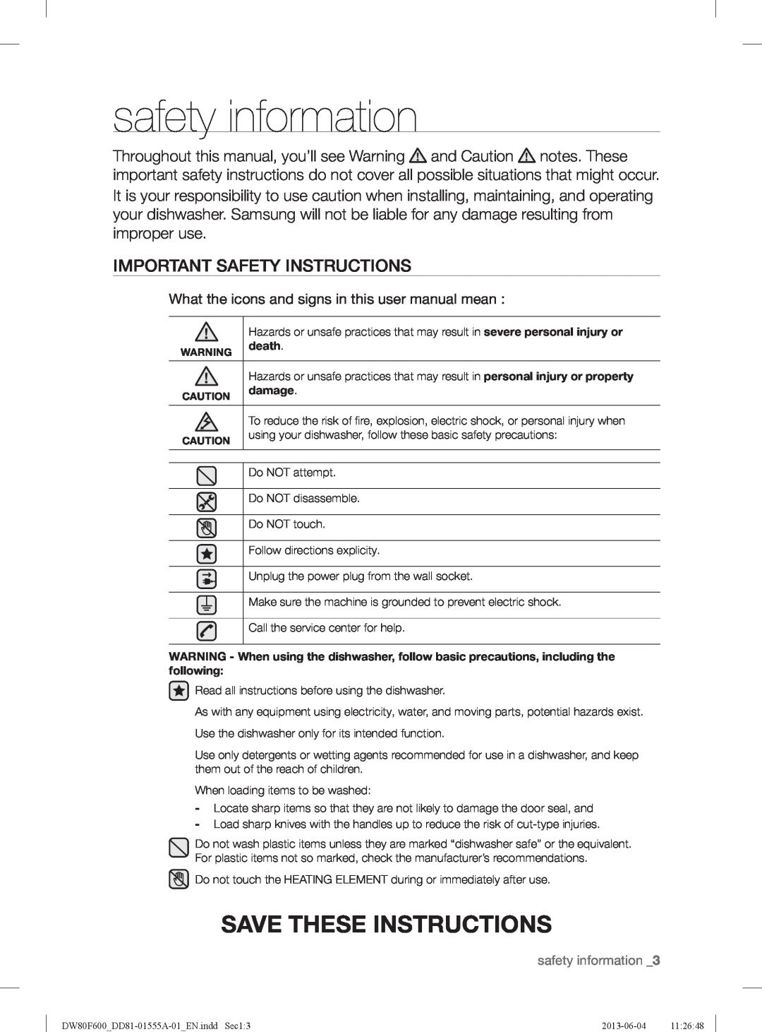Samsung DW80F600UTB, DW80F600UTW safety information, Save These Instructions, Important Safety Instructions, death, damage 