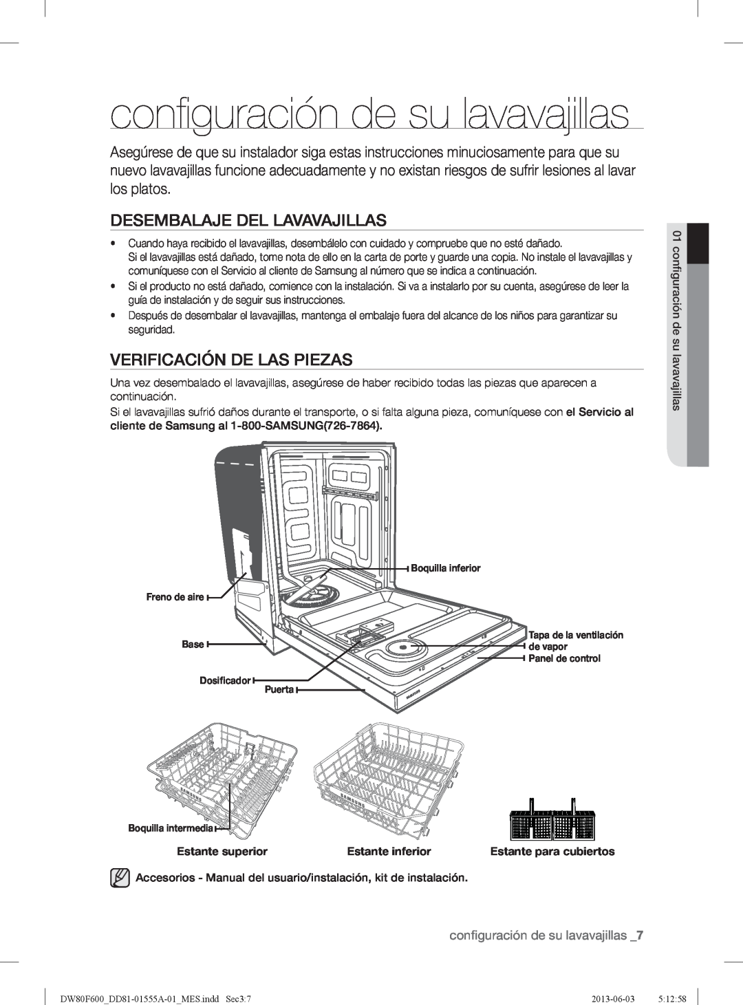 Samsung DW80F600UTB user manual conﬁ guración de su lavavajillas, Desembalaje Del Lavavajillas, Verificación De Las Piezas 