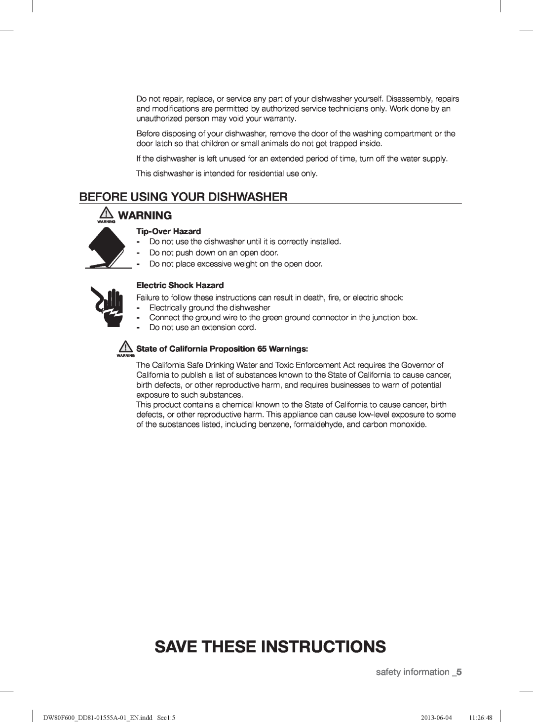 Samsung DW80F600UTS Before Using Your Dishwasher, Tip-Over Hazard, Electric Shock Hazard, Save These Instructions 