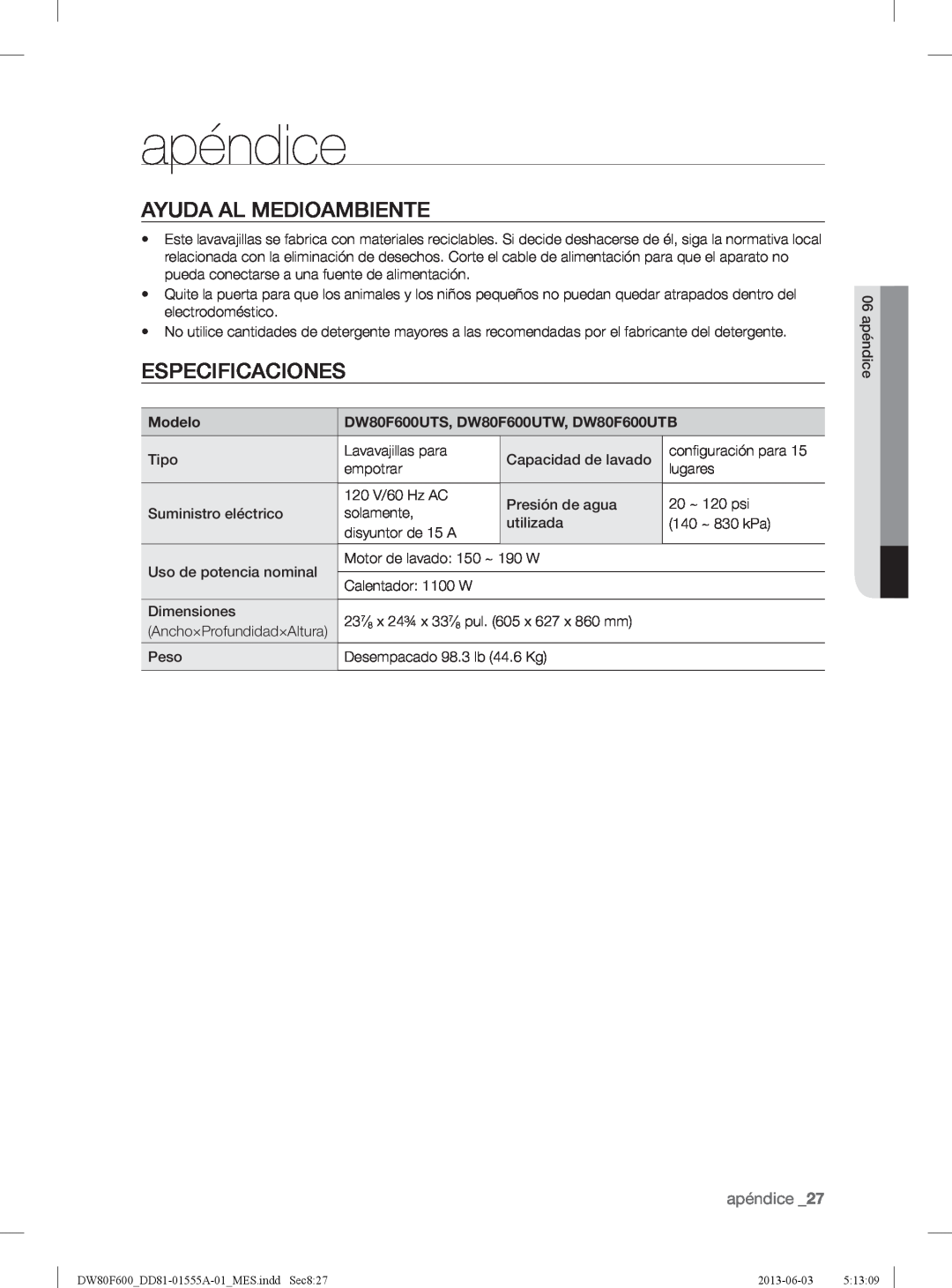 Samsung user manual apéndice, Ayuda Al Medioambiente, Especificaciones, Modelo, DW80F600UTS, DW80F600UTW, DW80F600UTB 