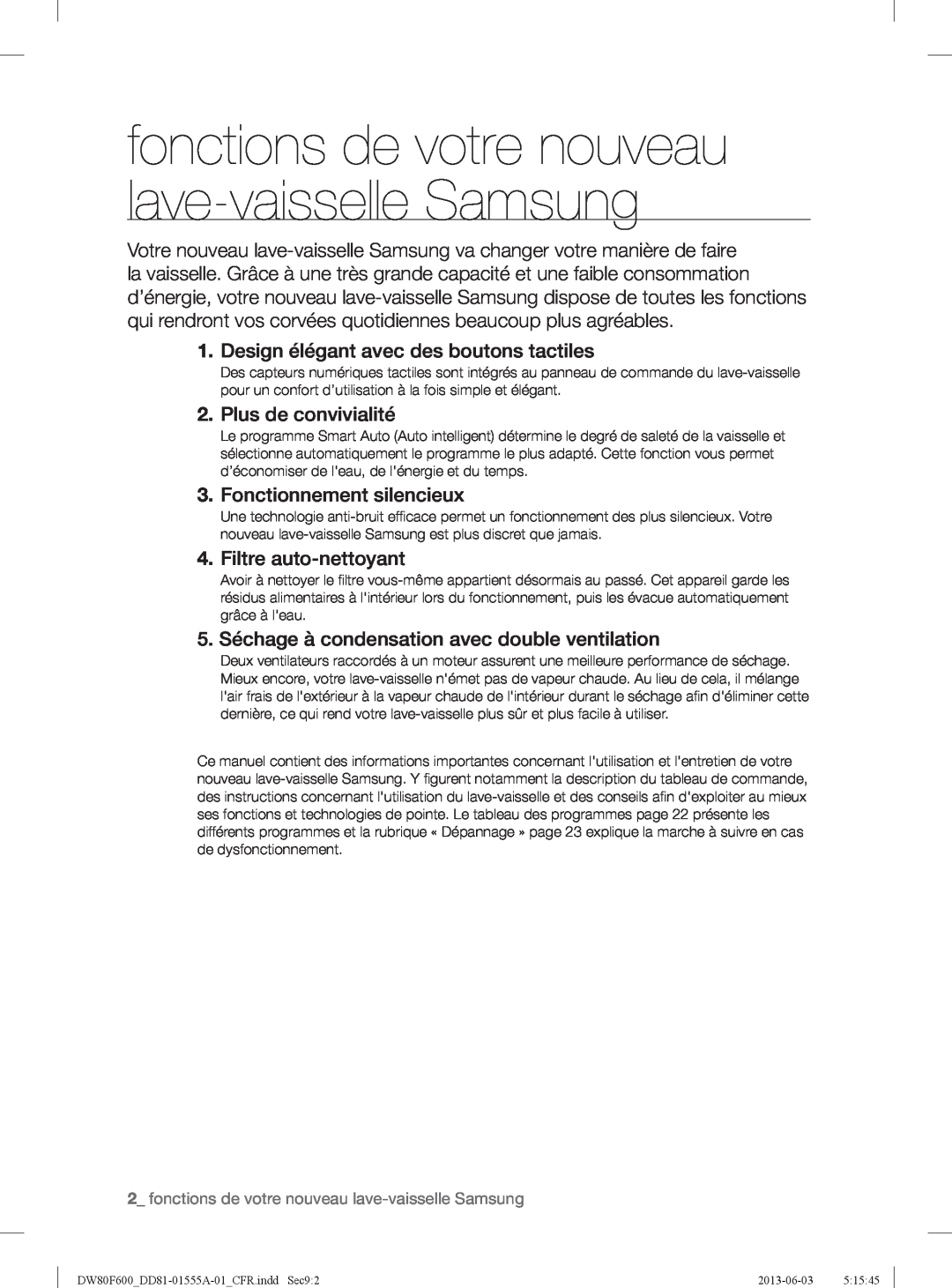 Samsung DW80F600UTB user manual fonctions de votre nouveau lave-vaisselle Samsung, Design élégant avec des boutons tactiles 