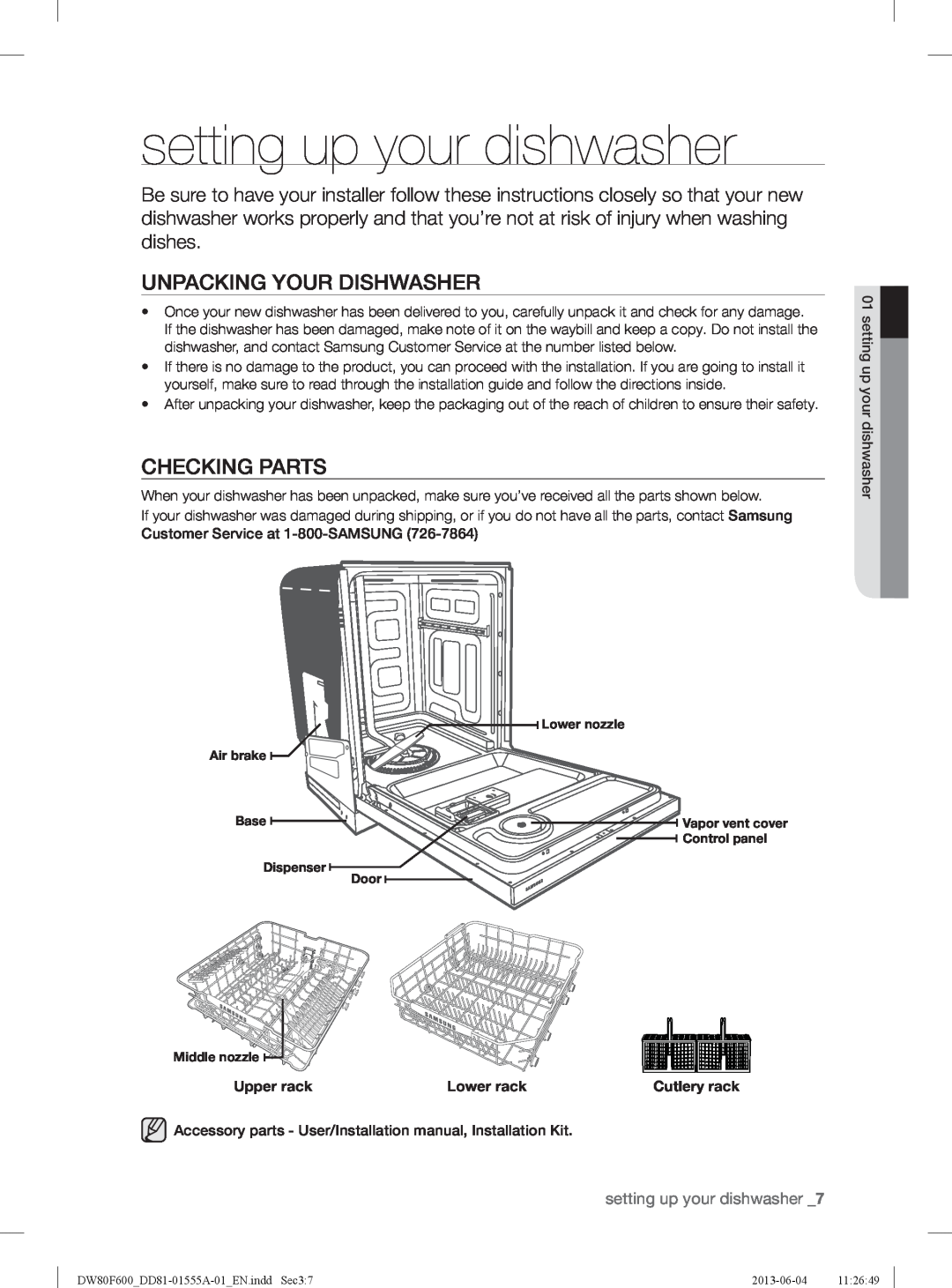 Samsung DW80F600UTW setting up your dishwasher, Unpacking Your Dishwasher, Checking Parts, Upper rack, Lower rack, Base 