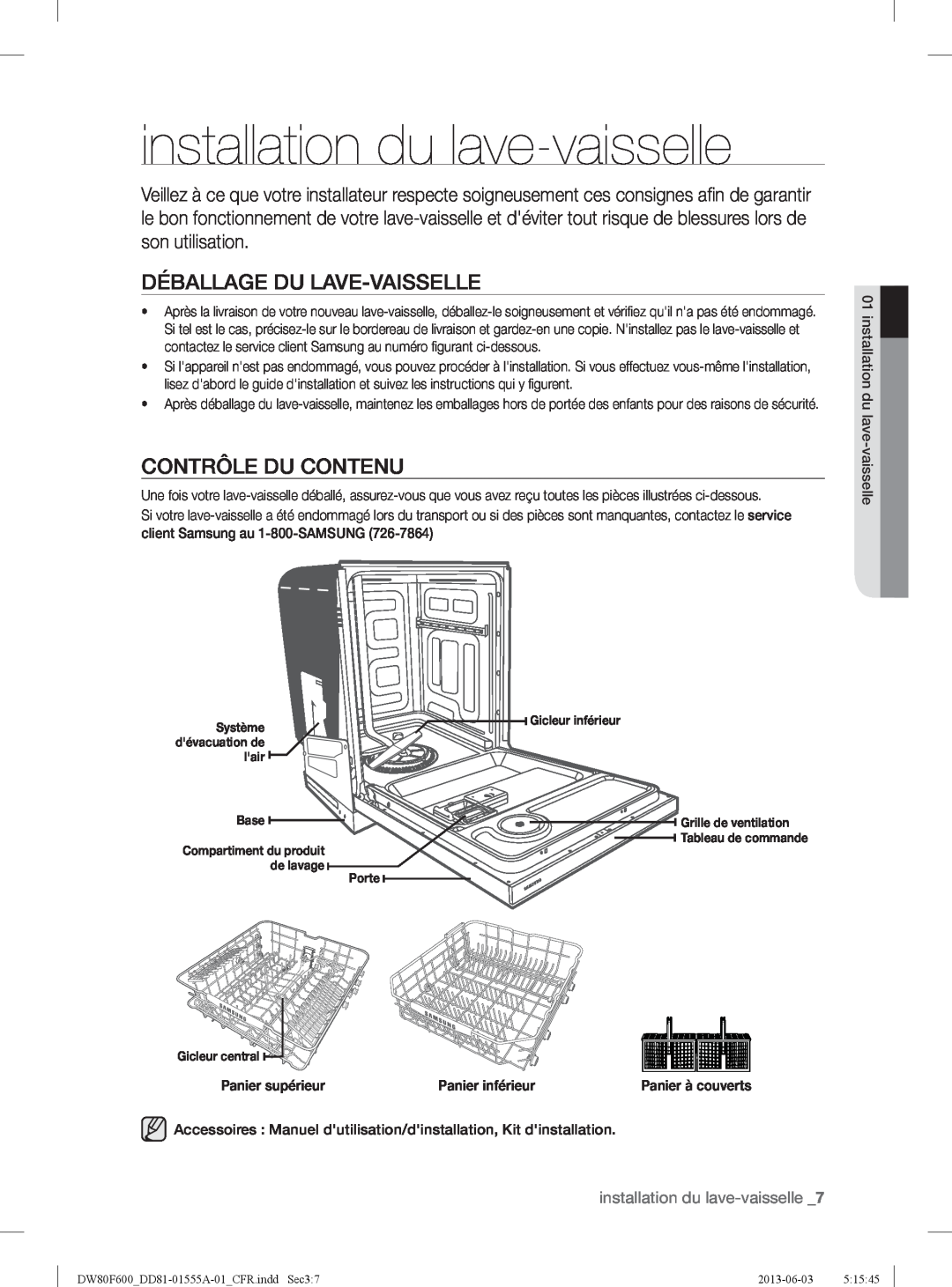 Samsung DW80F600UTS installation du lave-vaisselle, Déballage Du Lave-Vaisselle, Contrôle Du Contenu, Panier supérieur 