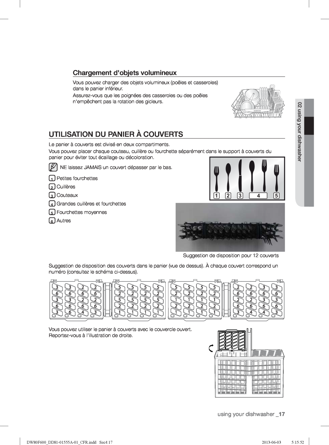 Samsung DW80F600UTB Utilisation Du Panier À Couverts, Chargement dobjets volumineux, Couteaux, using your dishwasher 