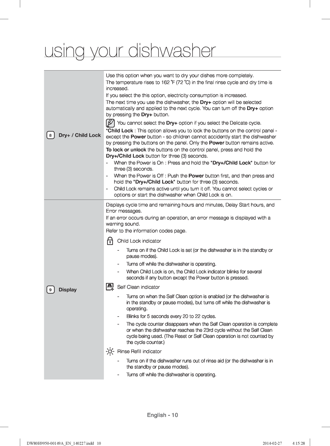 Samsung DW80H9930US user manual Display, using your dishwasher, English, Self Clean indicator 