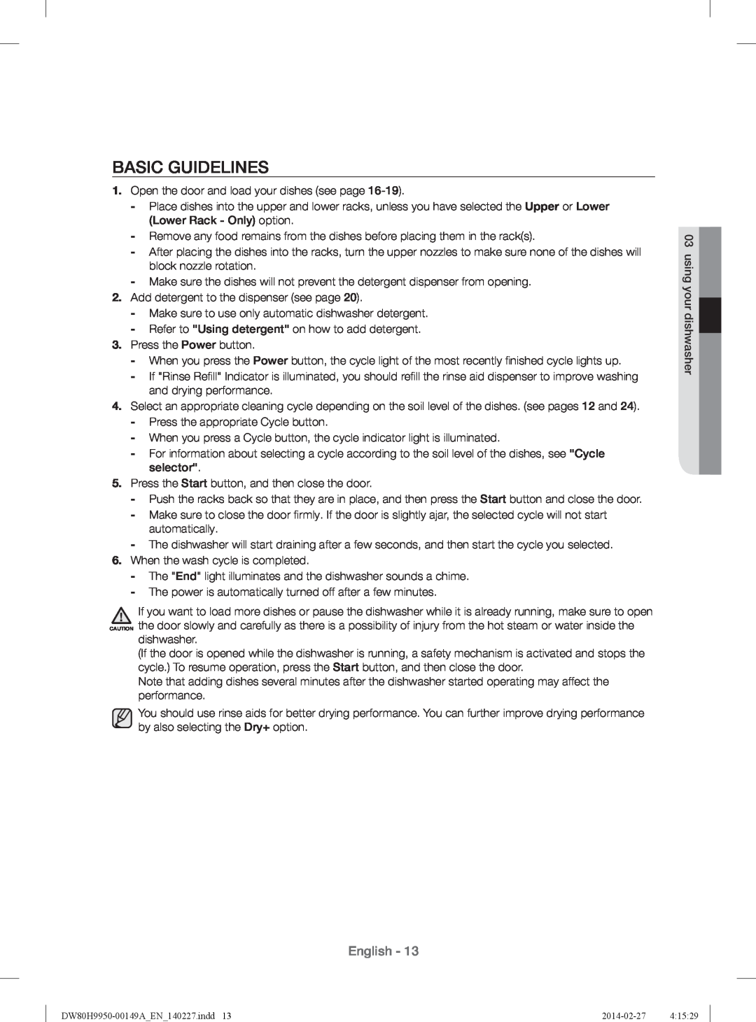 Samsung DW80H9930US user manual Basic Guidelines, English 