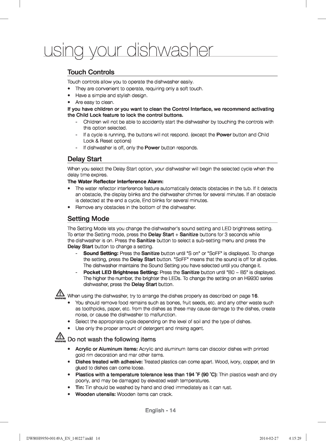 Samsung DW80H9930US user manual Touch Controls, Delay Start, Setting Mode, WARNING Do not wash the following items, English 