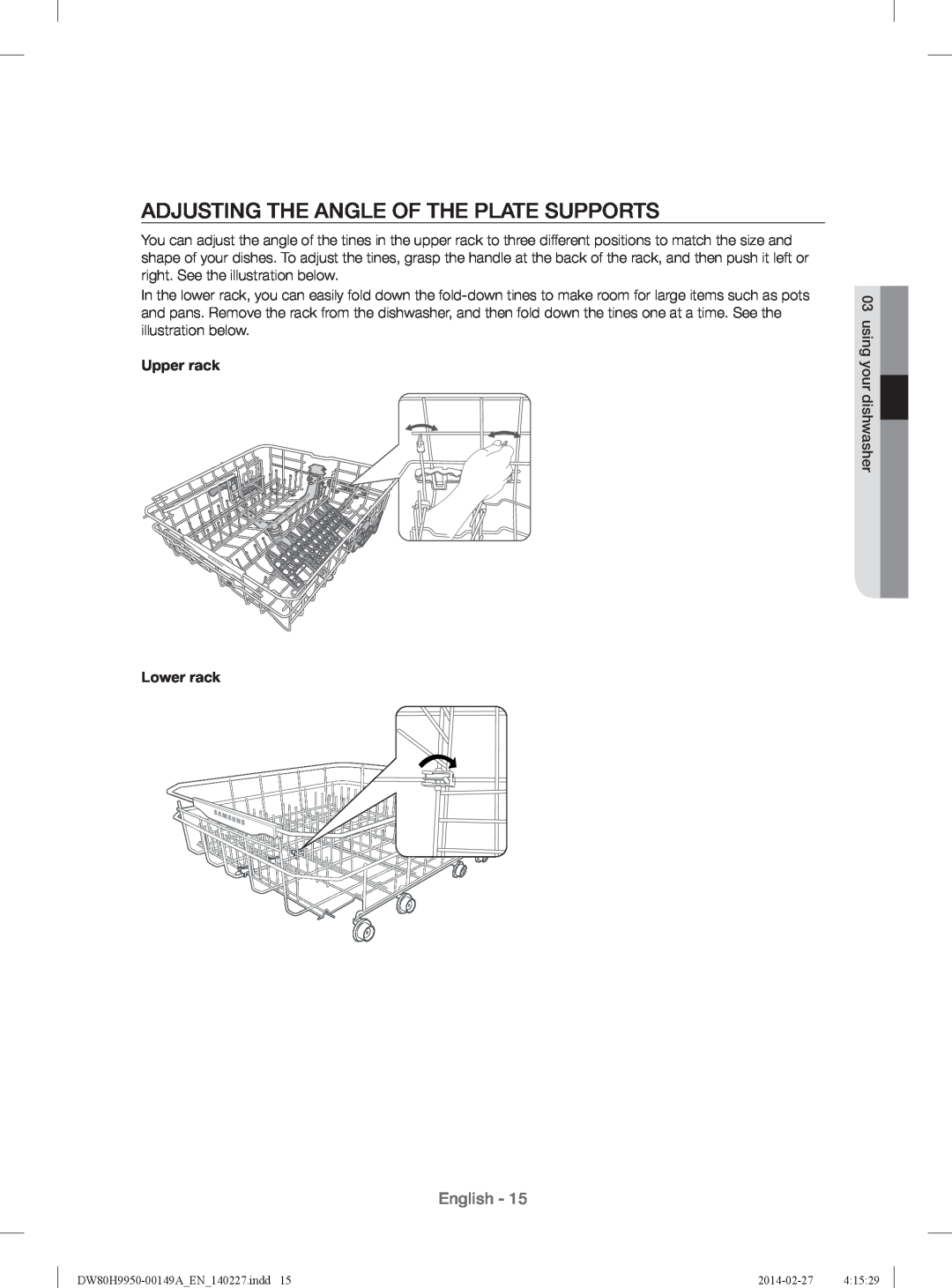 Samsung DW80H9930US user manual Adjusting The Angle Of The Plate Supports, Upper rack Lower rack, English 