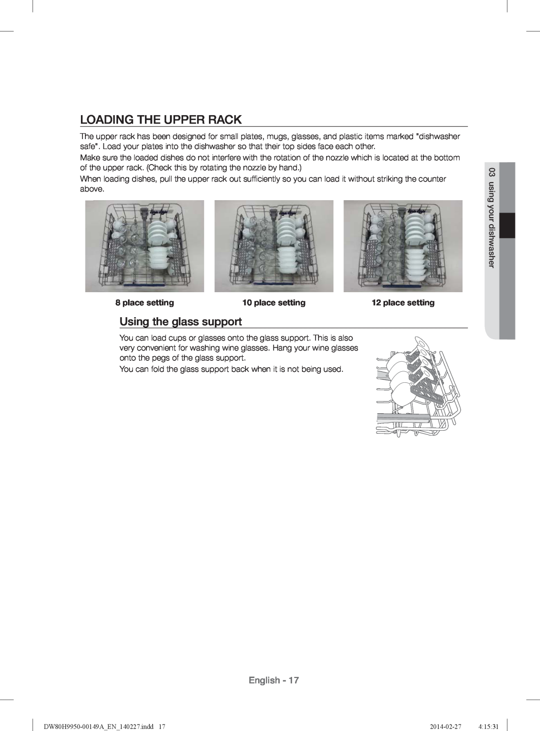 Samsung DW80H9930US user manual Loading The Upper Rack, Using the glass support, English, place setting 