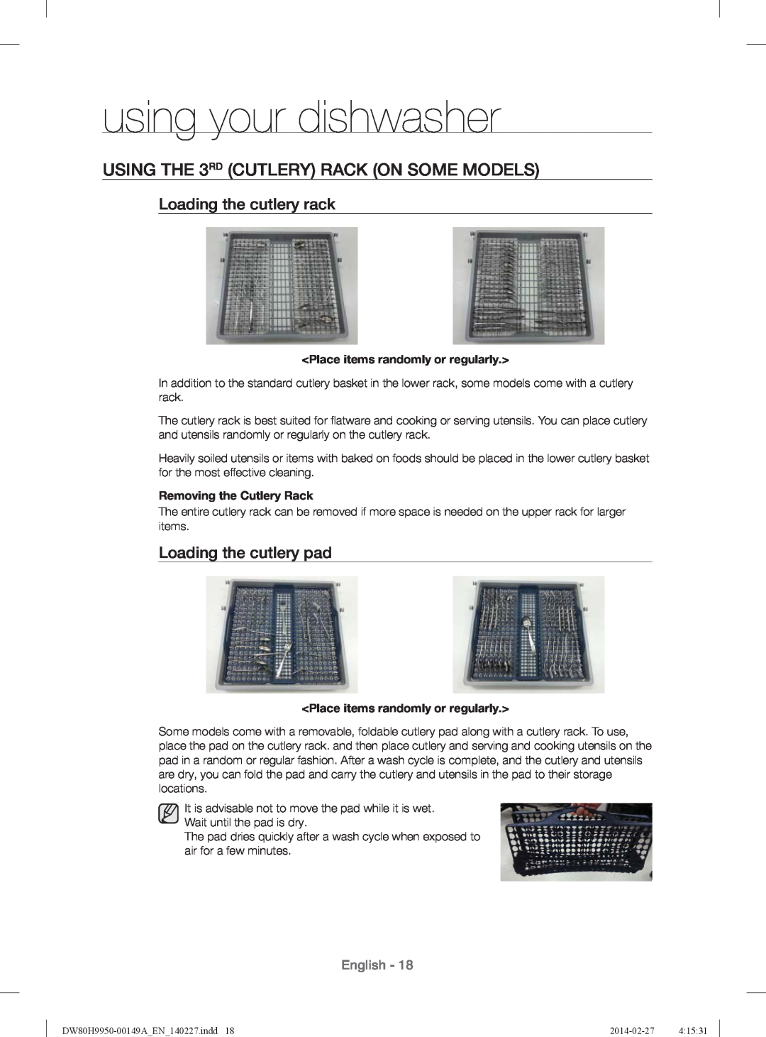 Samsung DW80H9930US USING THE 3RD CUTLERY RACK ON SOME MODELS, Loading the cutlery rack, Loading the cutlery pad, English 