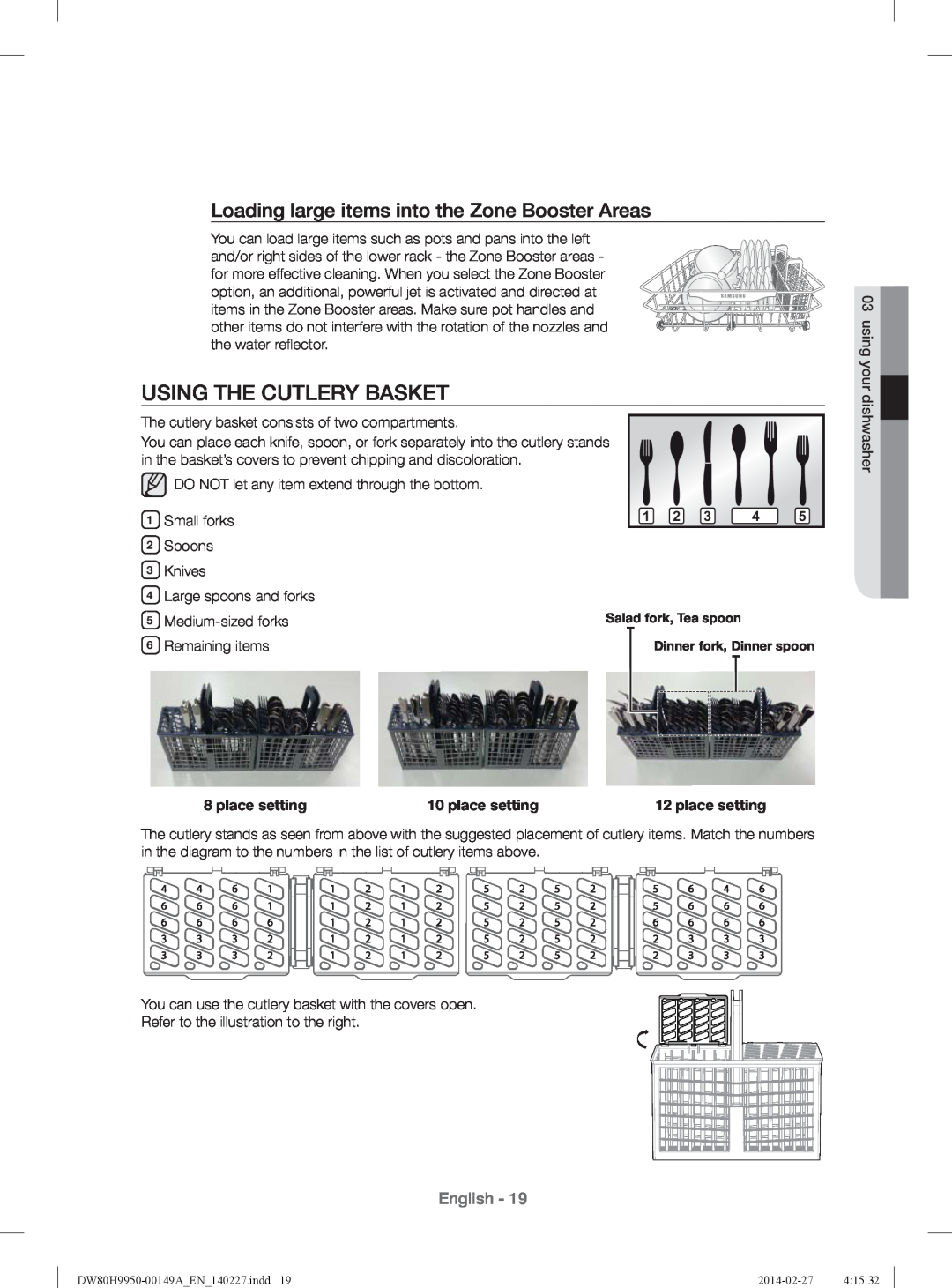 Samsung DW80H9930US Using The Cutlery Basket, Loading large items into the Zone Booster Areas, Small forks, English 