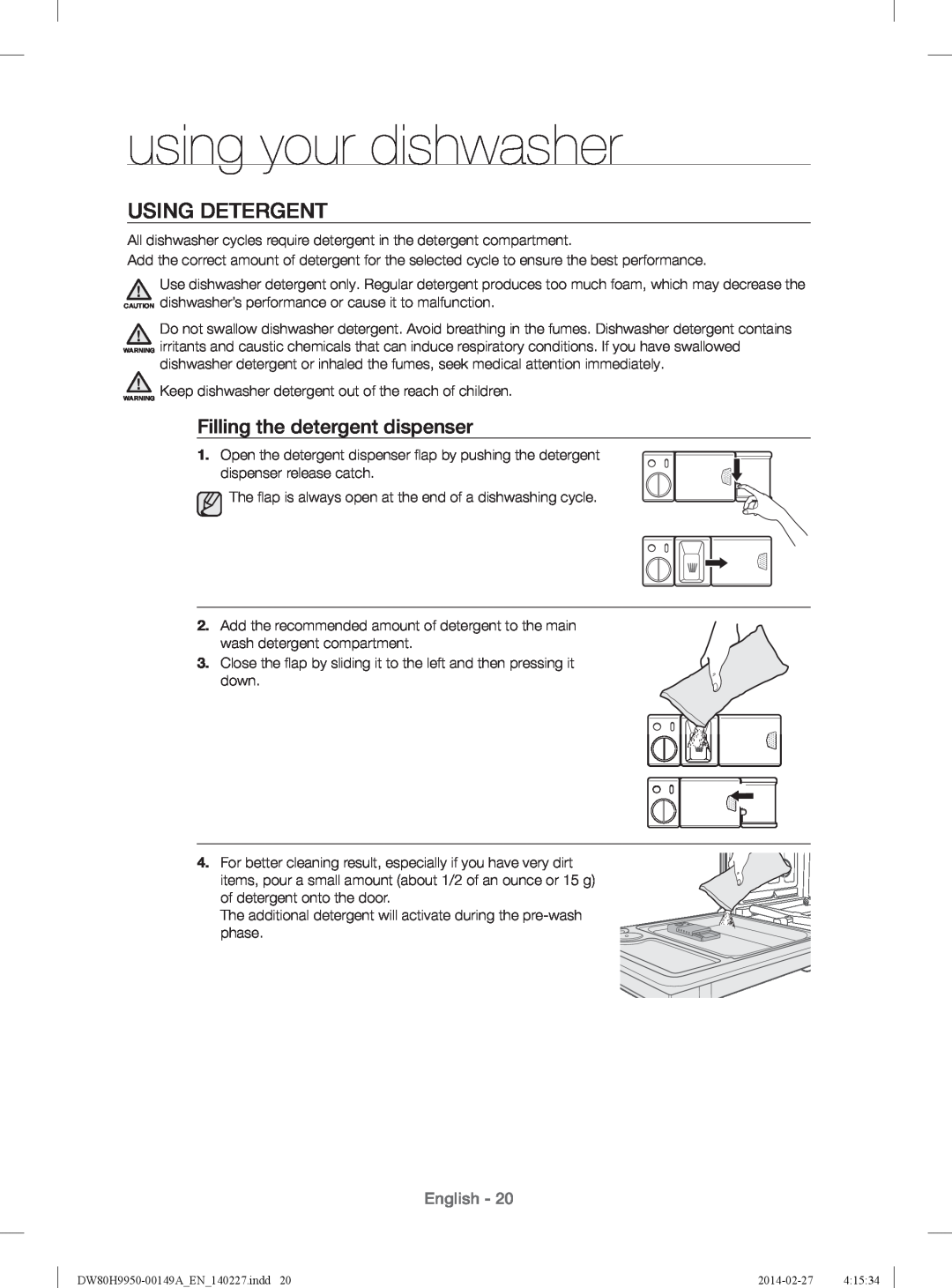 Samsung DW80H9930US user manual Using Detergent, Filling the detergent dispenser, using your dishwasher, English 