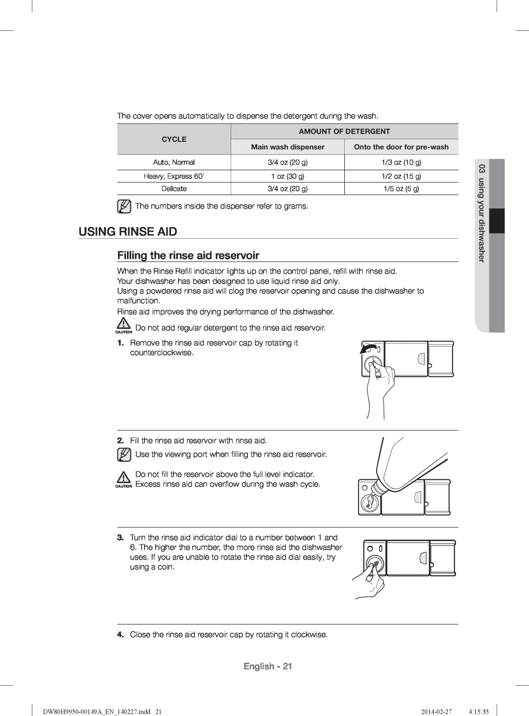 Samsung DW80H9930US user manual Using Rinse Aid, Filling the rinse aid reservoir, English 