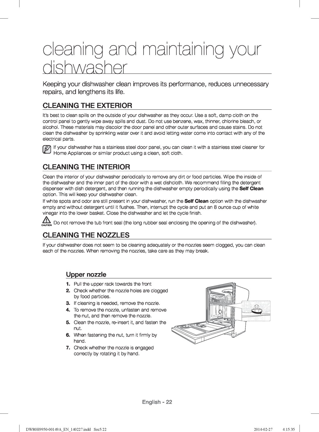 Samsung DW80H9930US cleaning and maintaining your dishwasher, Cleaning The Exterior, Cleaning The Interior, Upper nozzle 