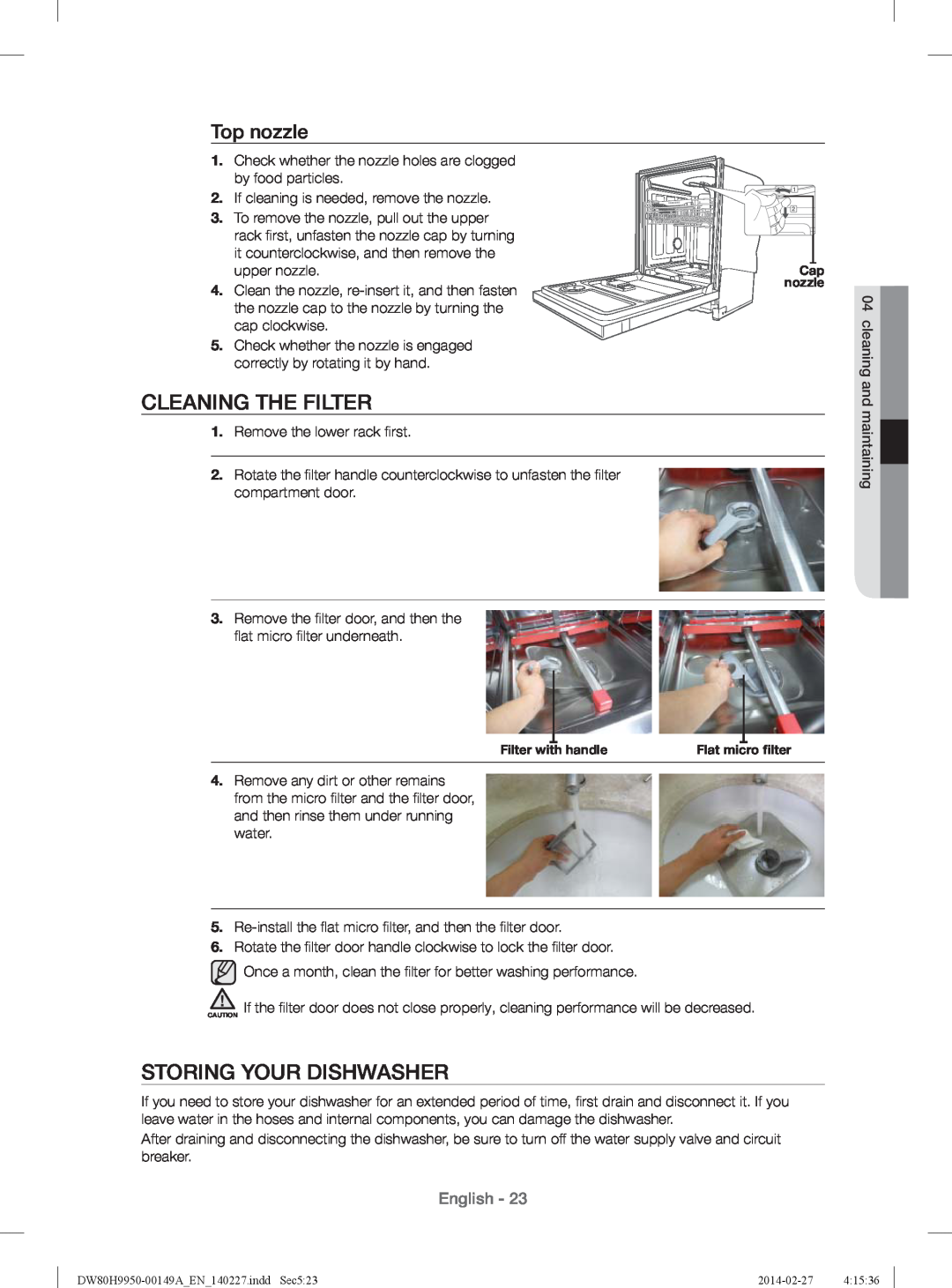 Samsung DW80H9930US user manual Cleaning The Filter, Storing Your Dishwasher, Top nozzle, English 
