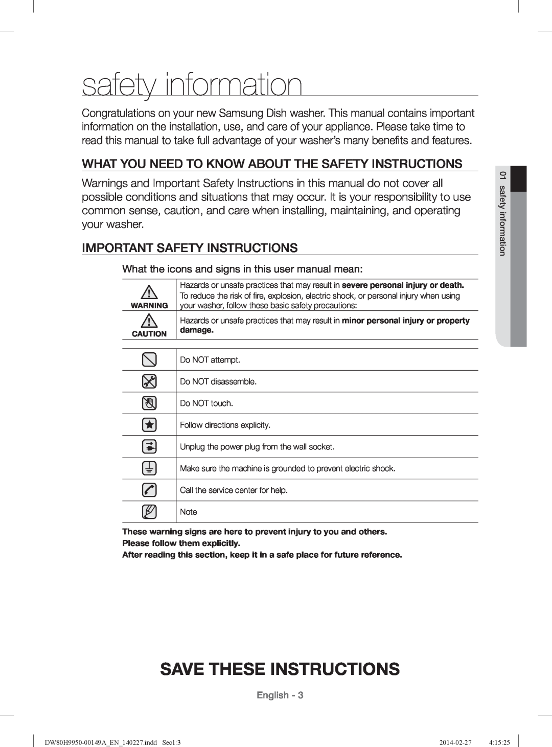 Samsung DW80H9930US safety information, Save These Instructions, What You Need To Know About The Safety Instructions 