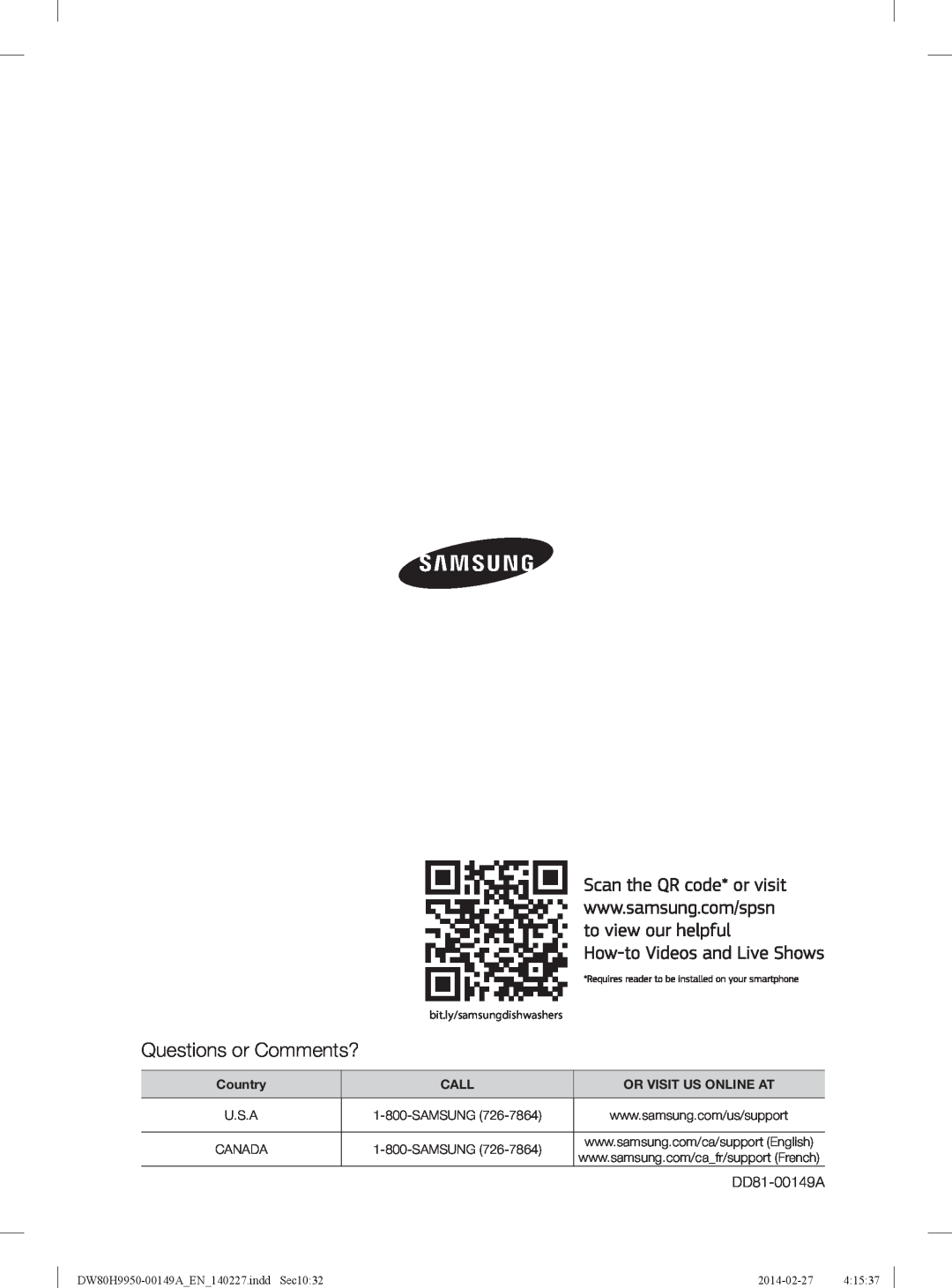 Samsung DW80H9930US Questions or Comments?, Country, Call, Or Visit Us Online At, bit.ly/samsungdishwashers, 2014-02-27 