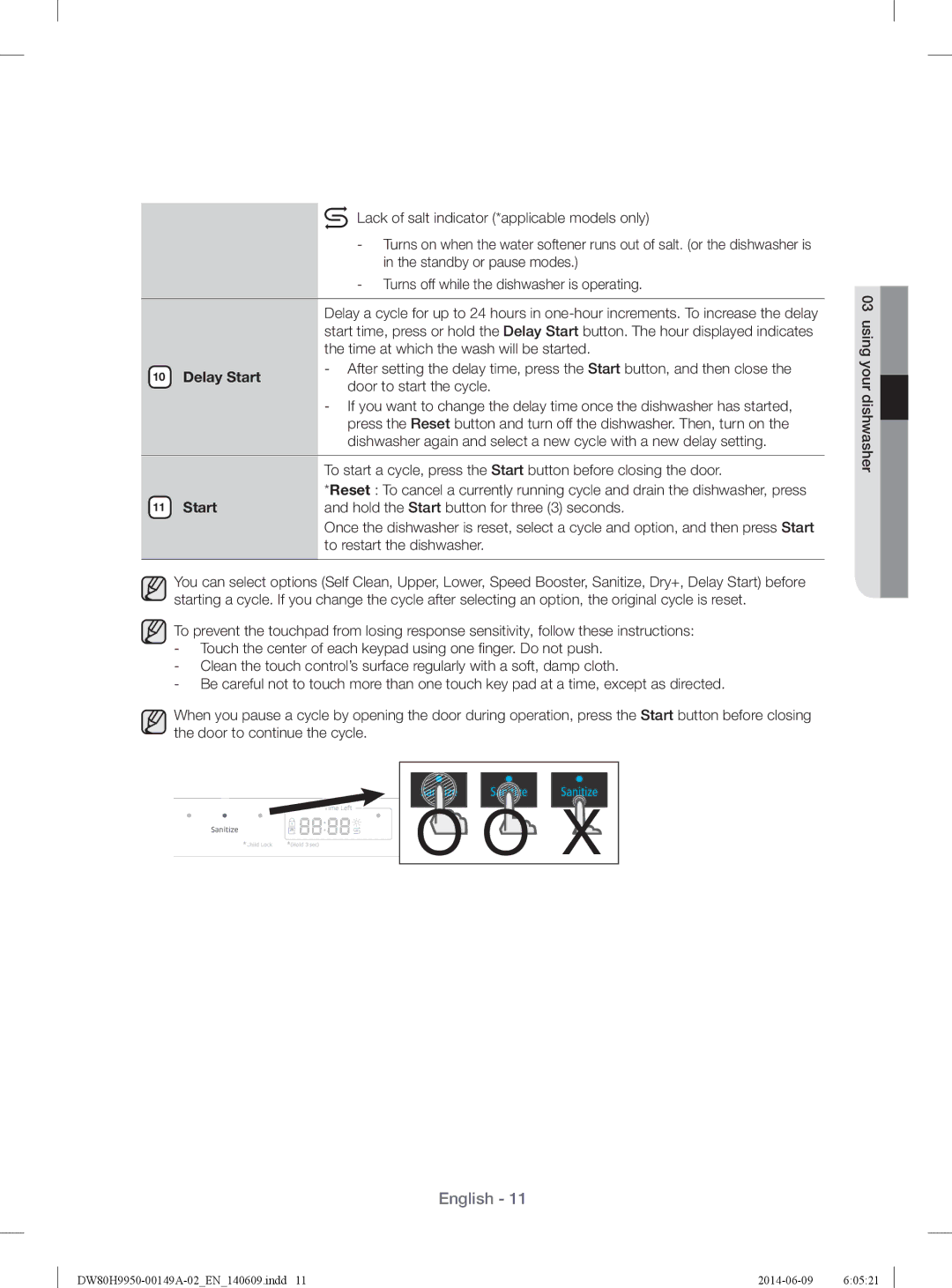 Samsung DW80H9970US user manual Delay Start, Door to start the cycle, Hold the Start button for three 3 seconds 