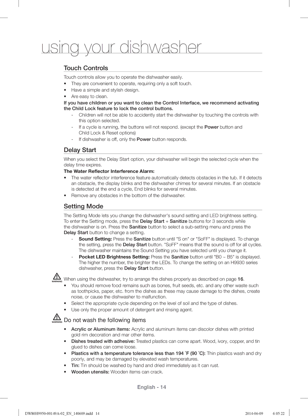 Samsung DW80H9970US user manual Touch Controls, Delay Start, Setting Mode, Water Reﬂector Interference Alarm 